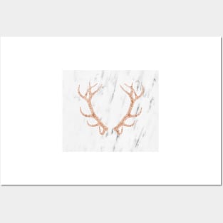 Rose gold antlers on soft white marble Posters and Art